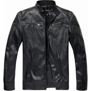 Men's Black Faux Leather Stand Collar Classic Zipper Slim Fit Biker Jacket